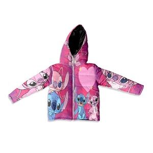 Kids Pink stitch and angel Cartoon Character Puffer Jacket